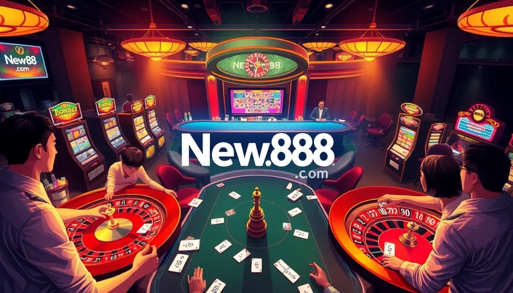 Experience the excitement of gaming at New88.com with a vibrant casino table scene featuring engaging players and illuminated slot machines.