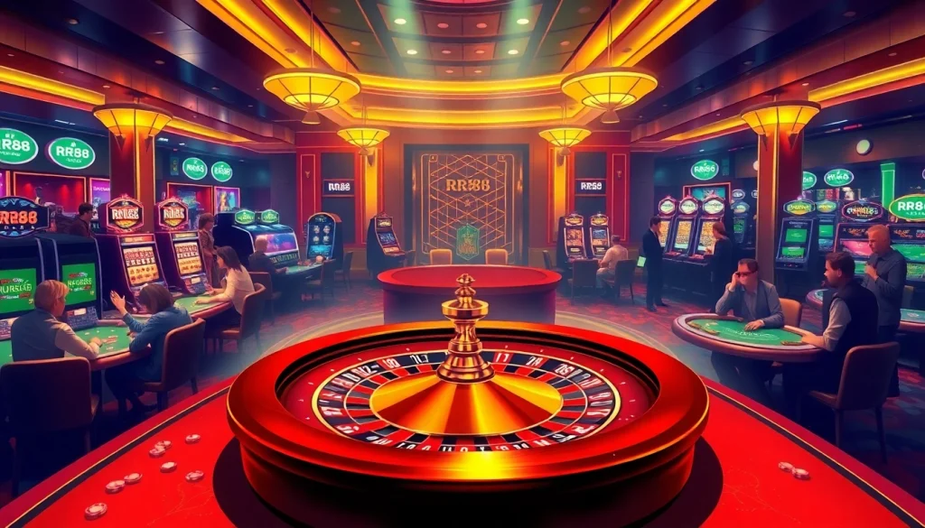 RR88 casino scene featuring a lively roulette wheel, vibrant players, and luxurious gaming tables.