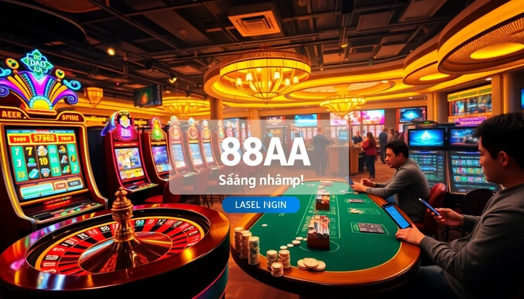 88AA đăng nhập with enticing slot machines and players enjoying their online gaming experience.