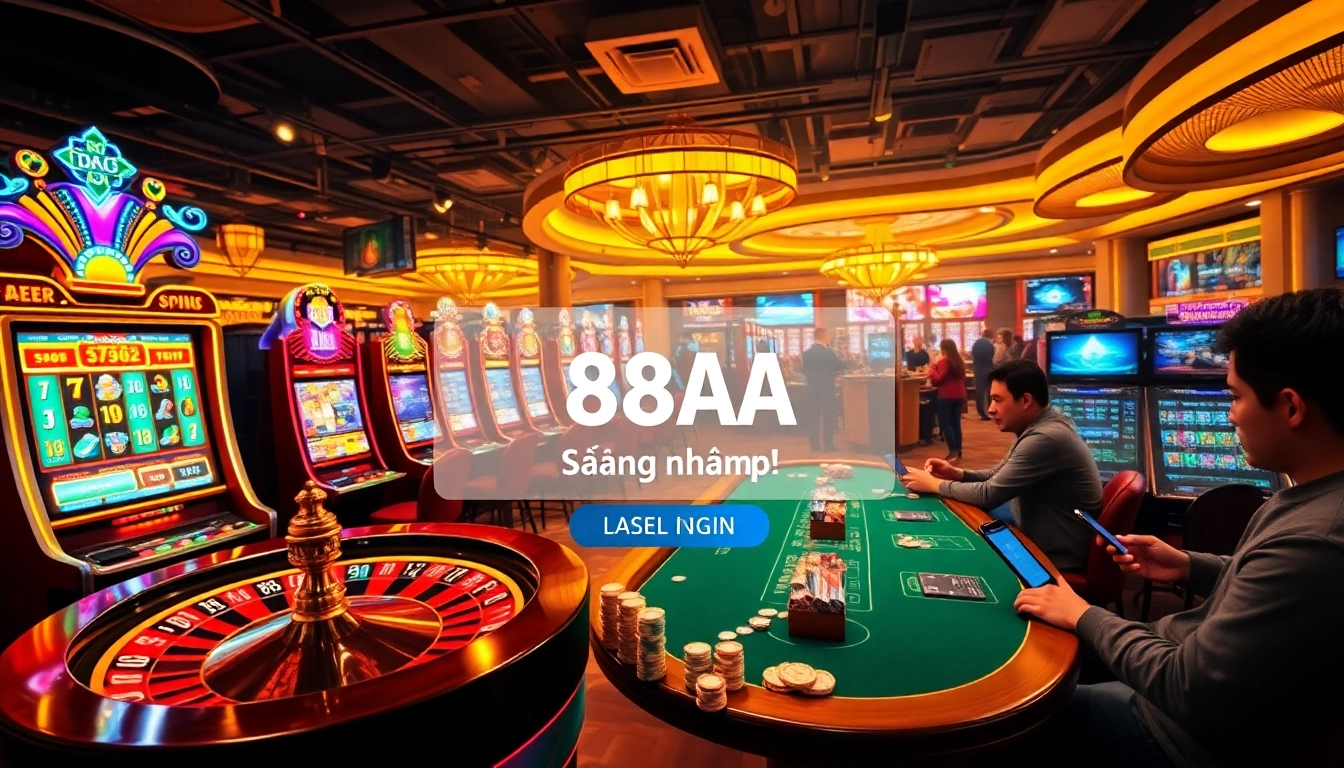 88AA đăng nhập with enticing slot machines and players enjoying their online gaming experience.