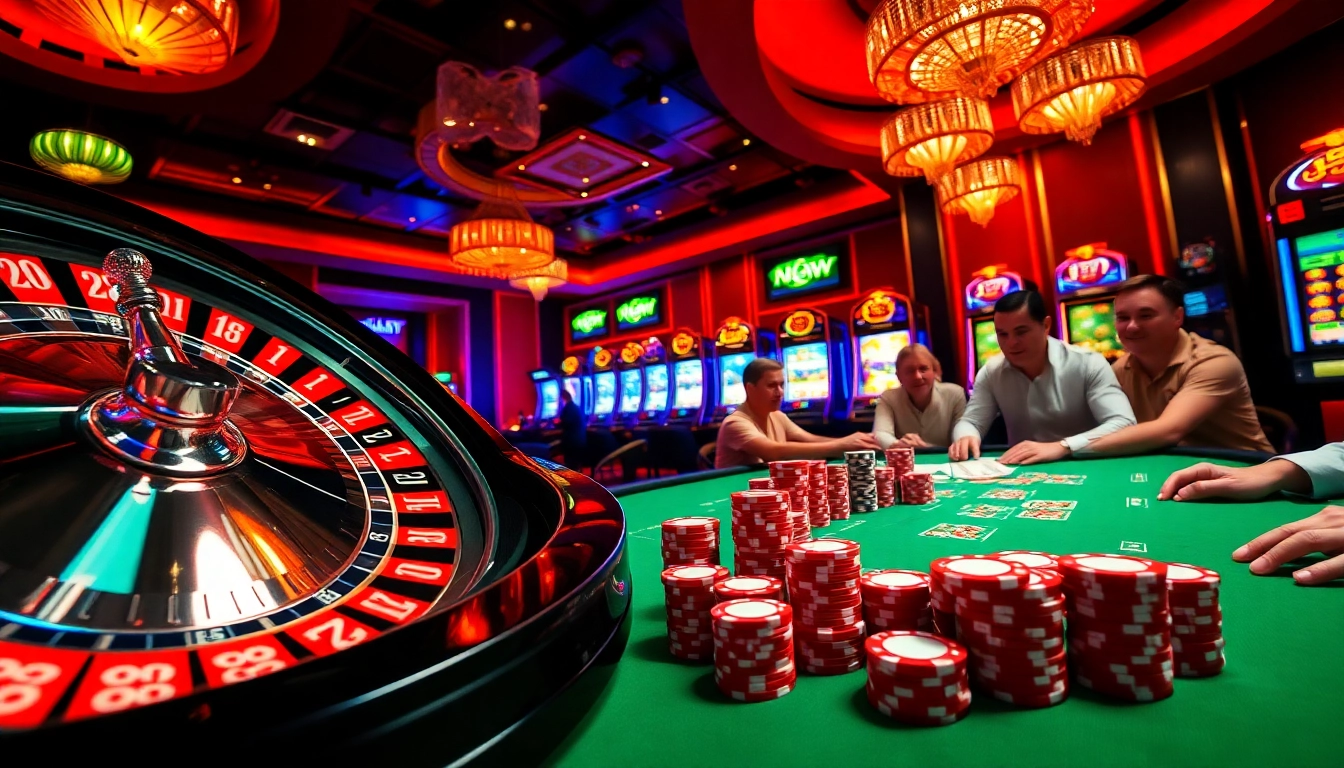 "Experience the thrill of gambling with e28 casino chips at a lively poker table amidst colorful lights."