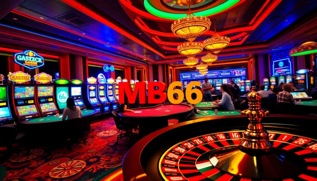 Experience the thrill of gambling at MB66 ประเทศไทย with vibrant casino activities, slot machines, and poker tables.