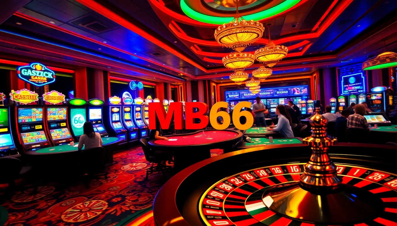 Experience the thrill of gambling at MB66 ประเทศไทย with vibrant casino activities, slot machines, and poker tables.