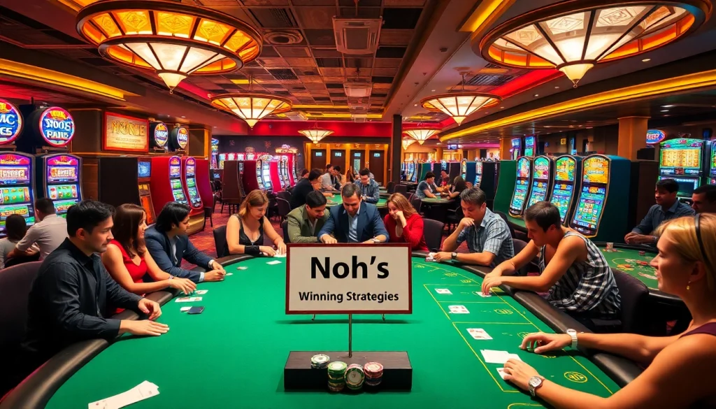 Nohu's Winning Strategies showcased on a thrilling casino floor, filled with excitement and diverse players.
