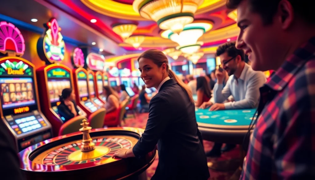 Players enjoying a lively casino atmosphere at 88AA Vega, packed with slot machines and poker tables, capturing the thrill of gambling.