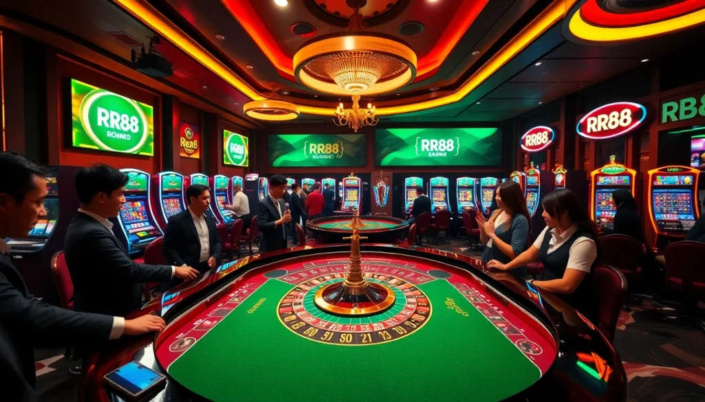 Players at an RR88 casino table, showcasing vibrant betting action in a high-stakes environment.