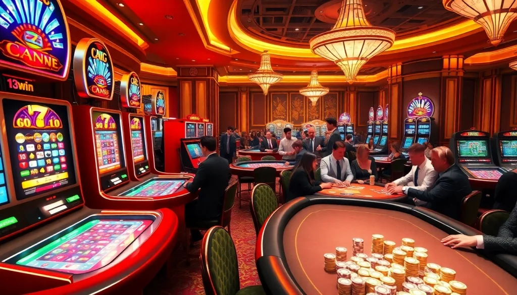 Players enjoying a thrilling game at 13win casino with vibrant slot machines and poker tables.