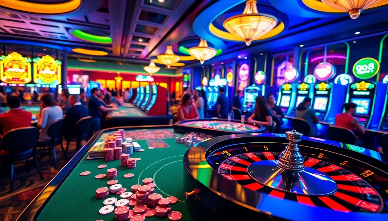 Experience the excitement of go.8 at a vibrant casino, featuring roulette wheels, poker tables, and illuminated slot machines.