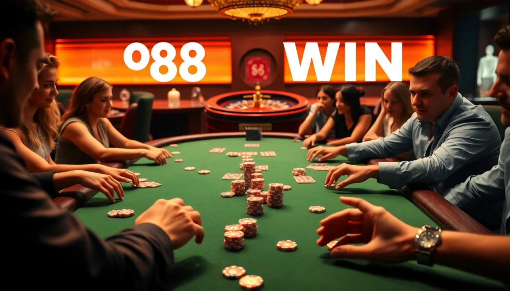Players engaged in a high-stakes poker game at 98wwin's vibrant casino table.