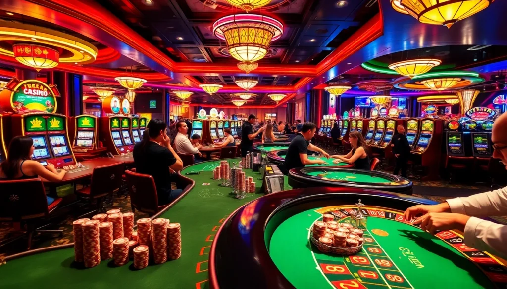 Capture the exciting atmosphere of a casino at https://789ff.biz/ with players enjoying poker, roulette, and vibrant slot machines.