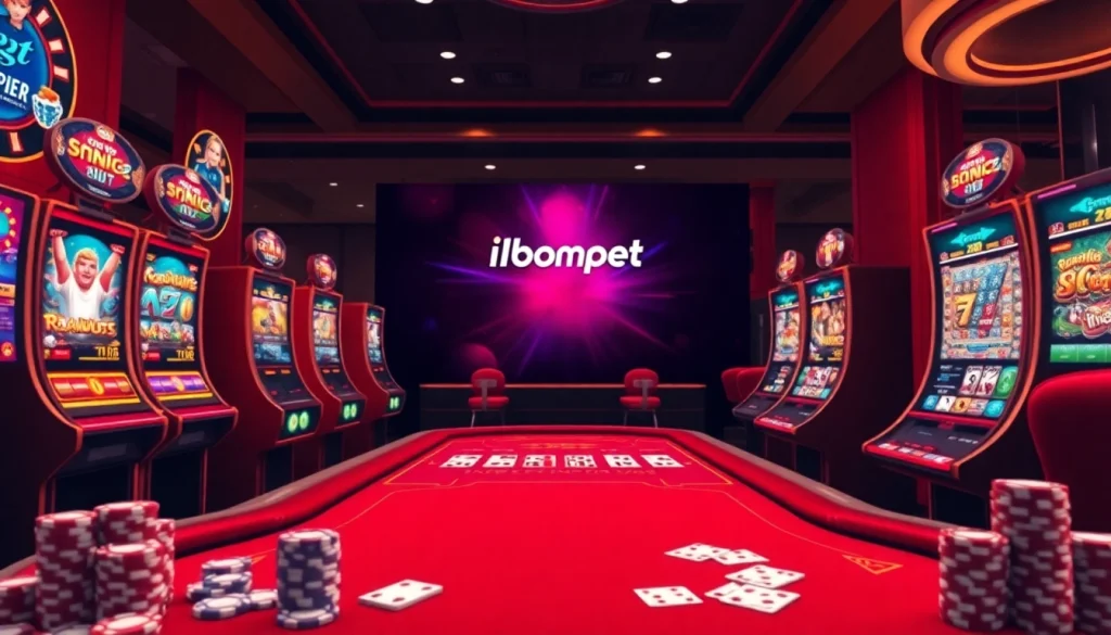 i1dompet online casino interface showcasing gaming excitement with vibrant slot machines and poker tables.