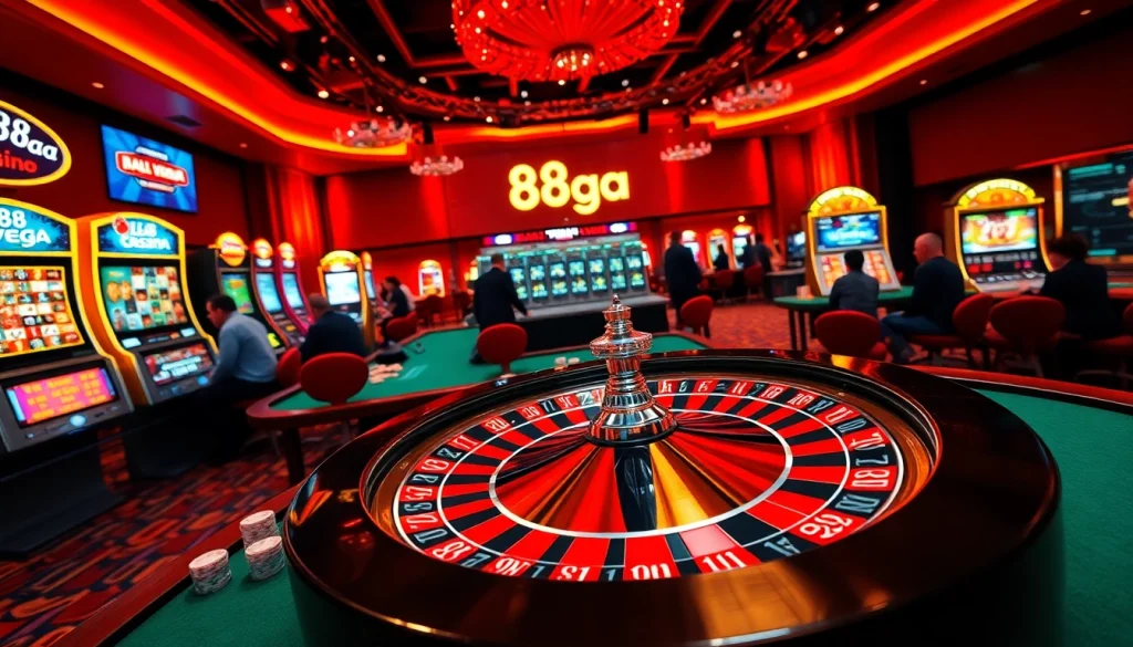 Experience the thrill of 88aa vega with players betting at vibrant casino tables.