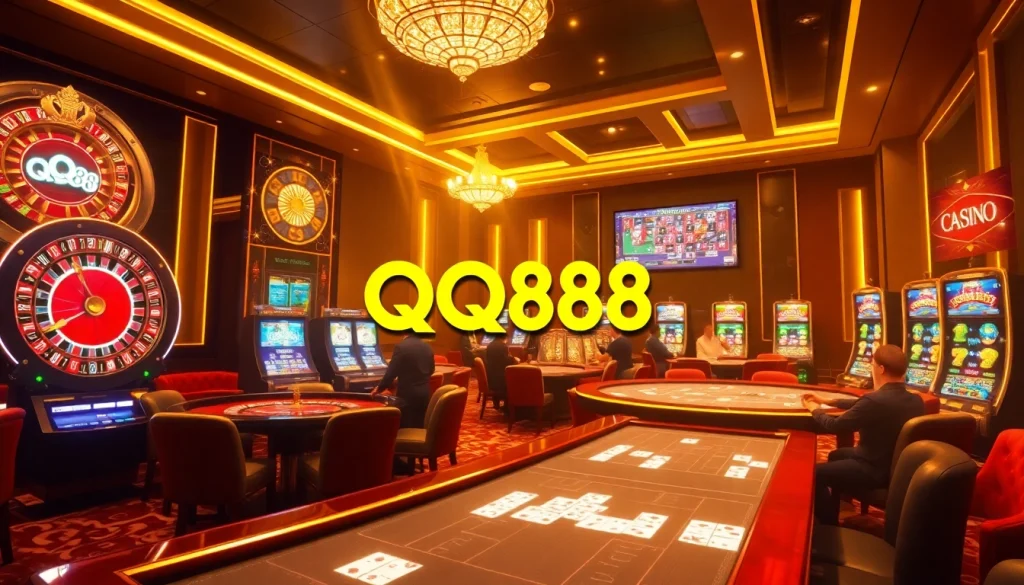 Players enjoying a thrilling session at QQ88's vibrant online casino with roulette and poker tables.